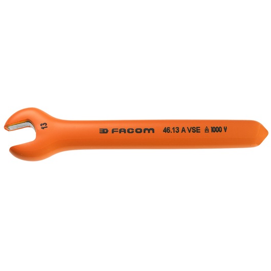 Photo of Facom 46_11AVSE insulated open-end wrench, orange handle, marked 1000V, left side angle, white background.