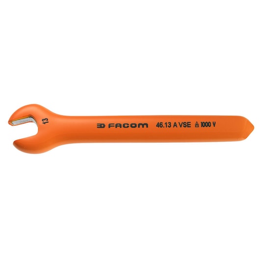 Facom 46_21AVSE insulated orange open-end wrench, 13 mm size, side view on white background.