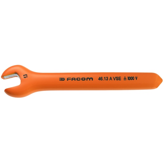 Photo of Facom 46_8AVSE orange insulated open-end wrench, side view, with 1000V marking.
