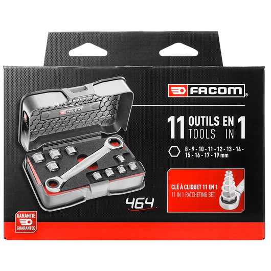 Facom 464_J1APB ratcheting wrench set with 11 sockets in black and red case, front angle on white background.