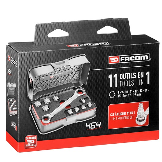 Facom 464_J1APB ratcheting wrench set in black box, front angle, includes 11 pieces, product packaging photo.