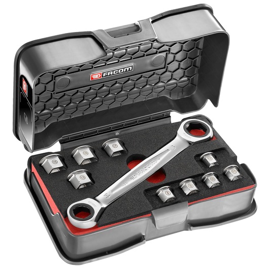 Facom 464J1 ratcheting wrench set with sockets in a black hard case, top angle on white background.