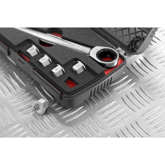 Facom 464J1 ratcheting wrench set in black case with five sockets, angled view.