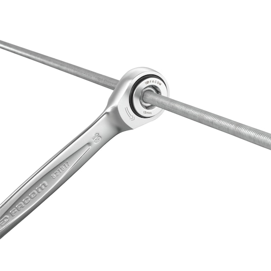 Facom 464J1 ratcheting wrench, 13mm, side angle, silver finish, shown on threaded rod, white background.
