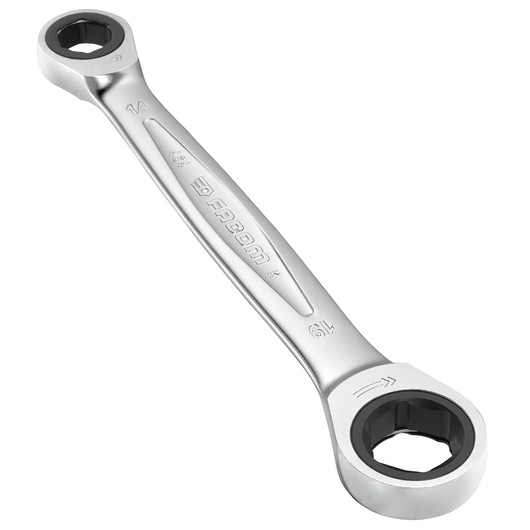 Facom 464_M14x19 double box-end ratcheting wrench, chrome finish, top angle on white background.