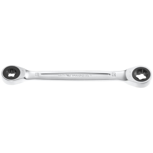 Facom 464TX_14X18 ratcheting double box-end wrench, silver finish, top view on white background.