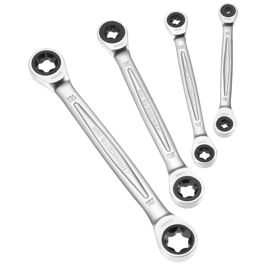 Facom 464TXJ4PB ratcheting wrench set, four silver wrenches, photography on white background.