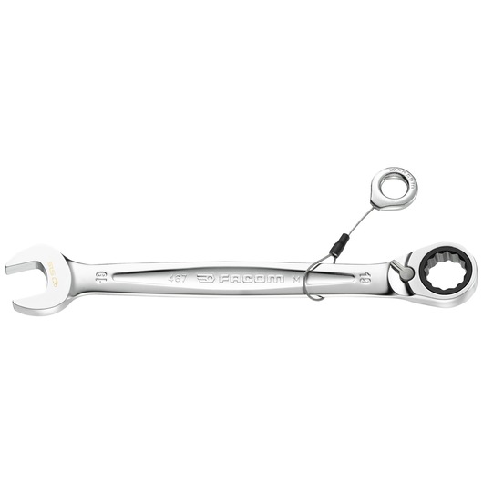 Facom 467_27SLS combination ratcheting wrench with tether hole, silver finish, product side view on white background.