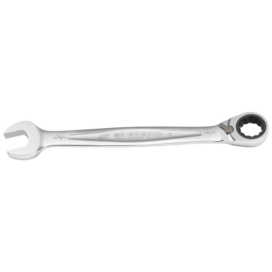 Photo of Facom 467_3_8 combination ratcheting wrench, silver finish, side view on white background.