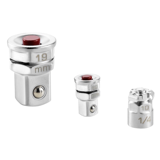 Facom 467_ADAPT10-19 set of three silver socket adapters with size markings 19 mm, 10 mm, and 1/4, front view on white.