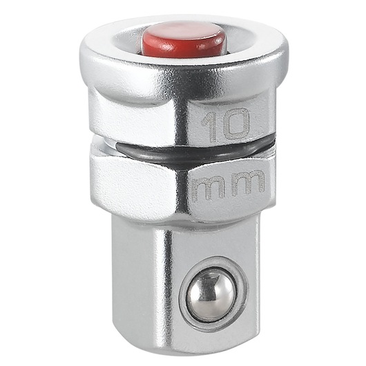 Facom 10mm silver metal adapter with red push button, SKU 467ADAPT10MM, studio white background photo.