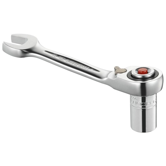 Facom 467ADAPT10MM chrome combination ratcheting wrench on white background, side angle.