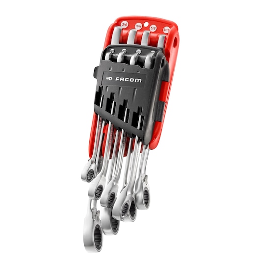Facom 467JPU8 ratcheting wrench set in red and black holder, product angle on white background.