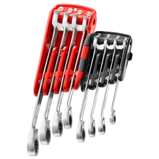 Facom 467JPU8 ratcheting wrench set with eight chrome wrenches in red and black holders, front angle.