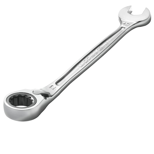 Photo of Facom 467B.10PB ratcheting combination wrench, silver finish, open-end and ring-end, angled on white background.