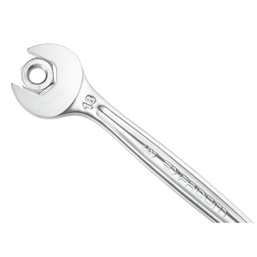 Facom 467B.11PB open-end wrench in silver finish with 18 mm marking, front angle on white background.