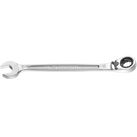 Facom 467B_12 combination ratcheting wrench, silver, size 12, top view on white background.