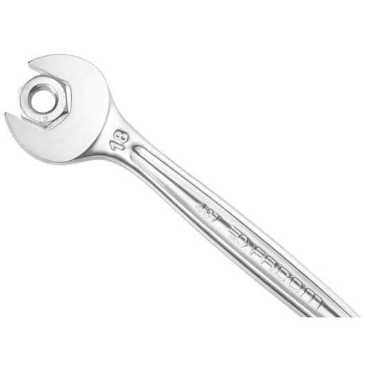 Photo of Facom 467B.15PB open-end wrench with metal nut, angled view on white background.