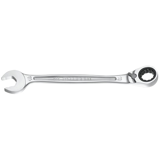 Photo of Facom 467B.18PB ratcheting combination spanner, silver finish, top view on white background.