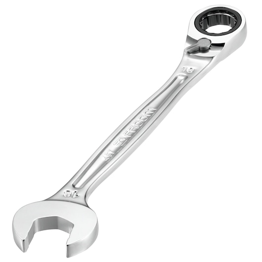 Facom 467B.18PB ratcheting combination wrench, silver, angled view, photography on white background.