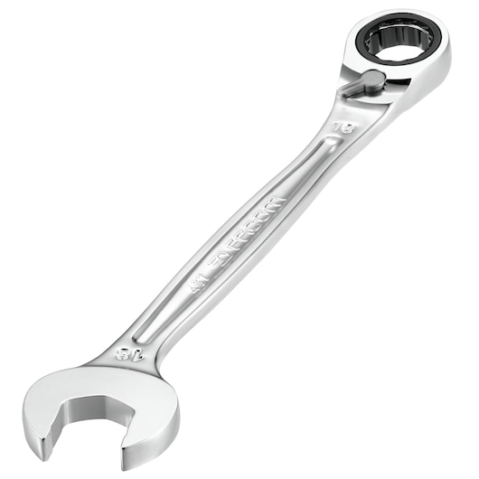 Photo of Facom 467B.24PB combination ratcheting wrench, chrome finish, angled view on white background.
