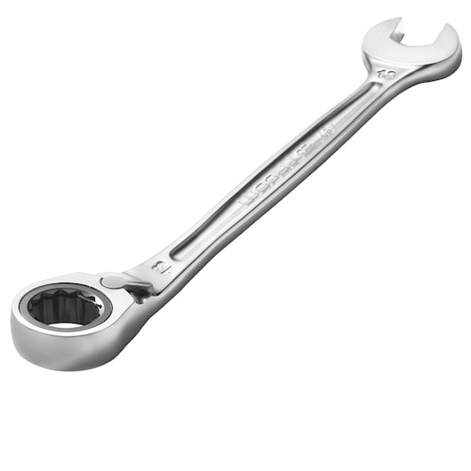Facom 467B.24PB ratcheting combination wrench, polished chrome finish, angled view on white background.