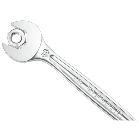 Facom 467B_7 polished open-end wrench with 18 mm marking, angled view on white background.