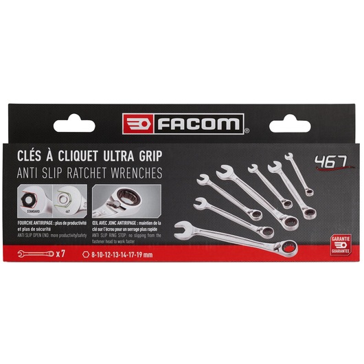 Facom 467B.J7PB set of 7 anti slip ratchet wrenches, silver, sizes 8-19 mm, front packaging photo on white background.