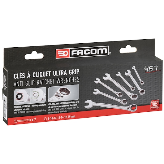 Photo of Facom 467B.J7PB anti slip ratchet wrenches set box, front angle, showing seven wrenches and product features.