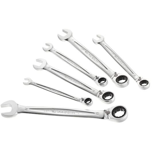 Facom 467B_JE6PB ratcheting combination wrench set, silver finish, six pieces, top view, white background