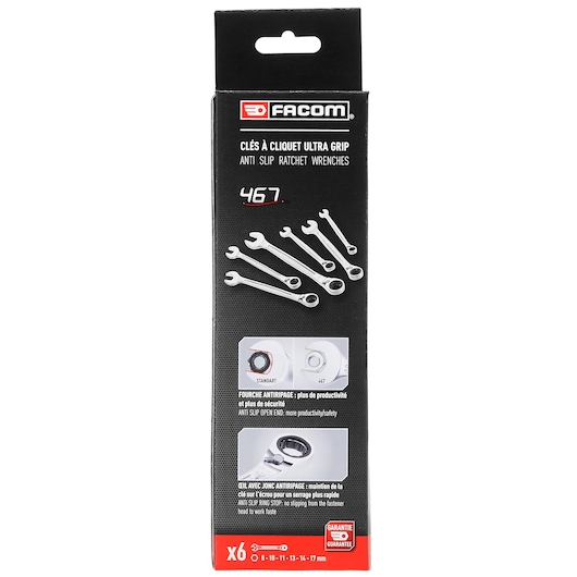 Facom 467B_JE6PB set of six anti-slip ratchet wrenches in black box, front angle.