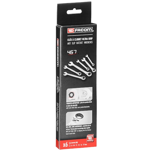 Facom 467B_JE6PB anti slip ratchet wrench set packaging, six silver wrenches shown on front, angled photo.