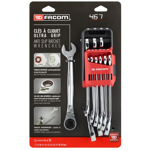 Photo of Facom 467B.JP10PB anti slip ratchet wrench set, ten-piece set with red holder, front angle, on packaging.