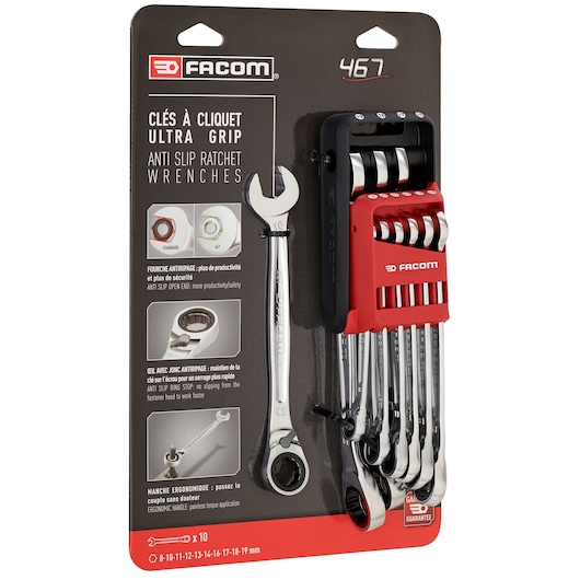 Photo of Facom 467B.JP10PB ratchet wrench set with ten silver anti-slip wrenches in red holder, angled packaging.