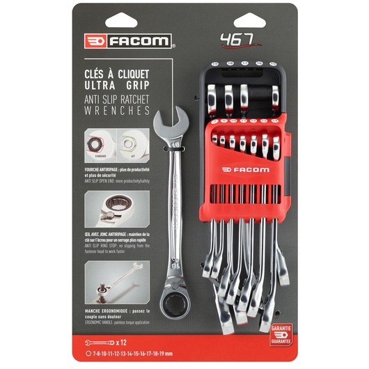 Facom 467B.JP12PB ratcheting wrench set, 12 pieces in red holder, front angle, on retail packaging.