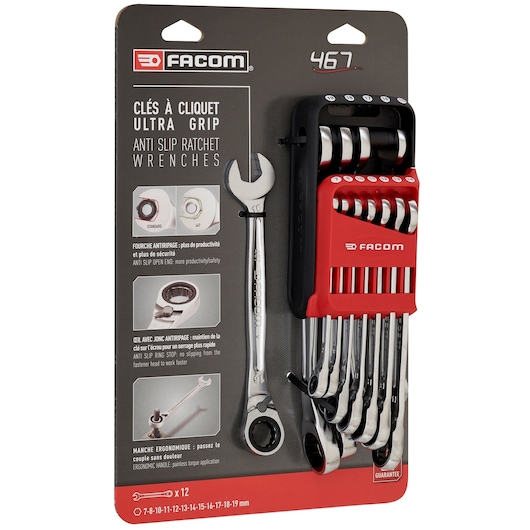 Facom 467B.JP12PB ratchet wrench set, 12-piece, silver with red holder, photography of front packaging.