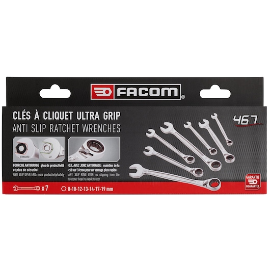 Reversible ratchet wrench set, 7 pieces ( 8 to 19 mm)