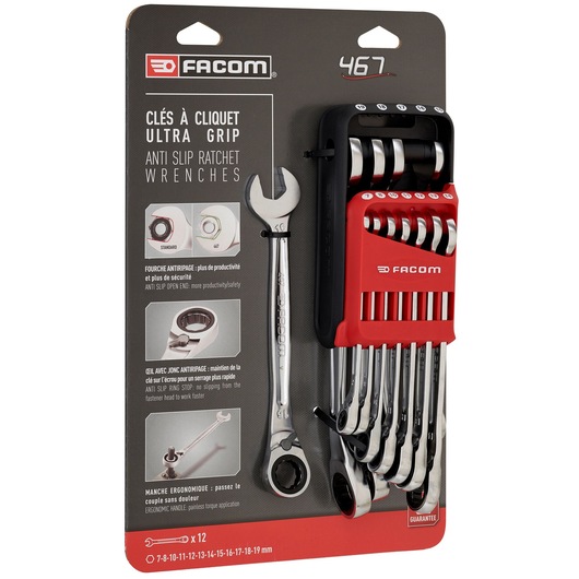 Reversible ratchet wrench set, 12 pieces (7 to 19 mm) - Holder