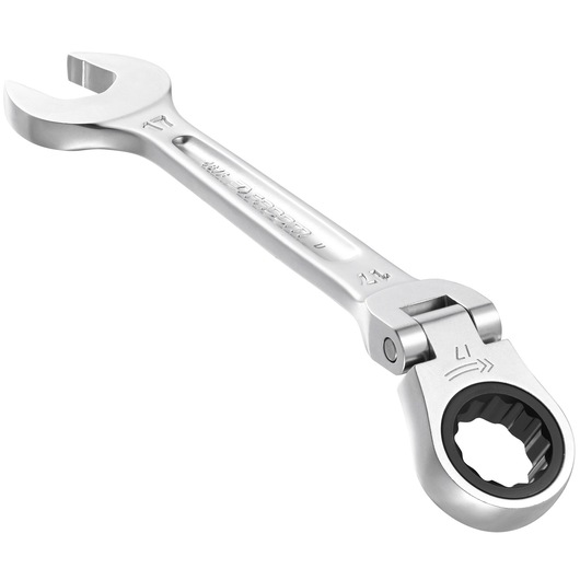 Facom ratcheting combination wrench with flexible head, silver finish, SKU 467BF_16, side angle on white background.
