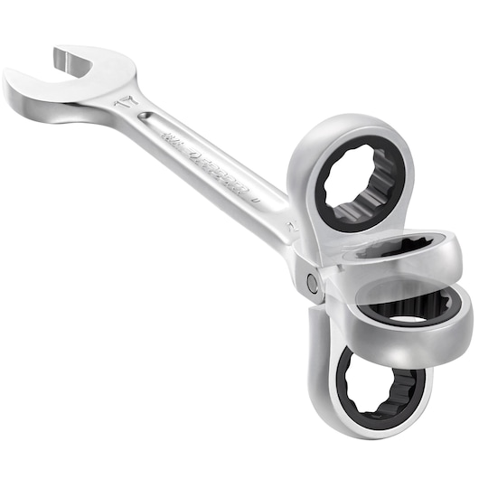 Facom 467BF_16 ratcheting open-end wrench, silver finish, rotating ring end, product side angle on white background.