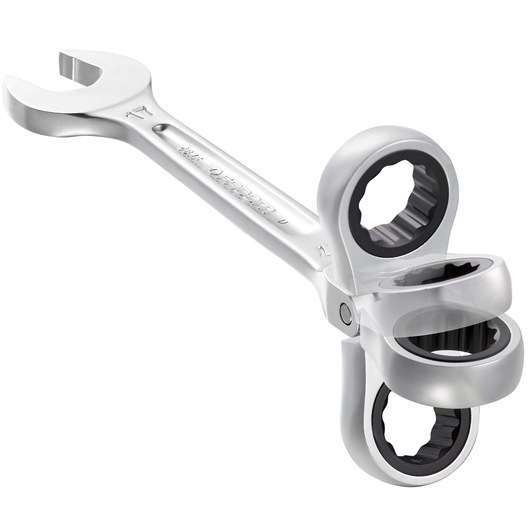 Facom 467BF_18 ratcheting combination wrench with rotating head, silver finish, angled studio view.