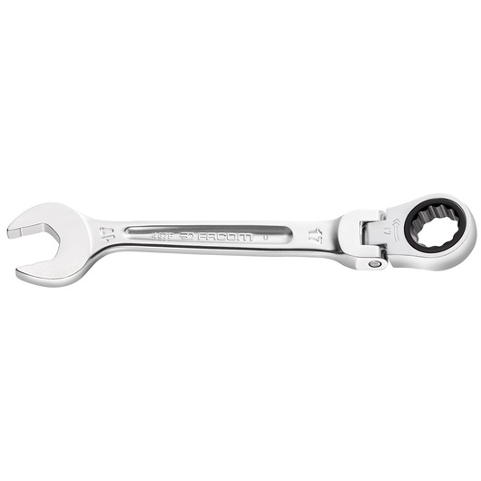 Facom SKU 467BF_7 ratcheting combination wrench with flex head, silver finish, side view on white background.