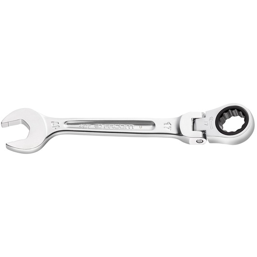 Facom 467BF_8 ratcheting combination wrench, silver, open and box end, side angle, white background.