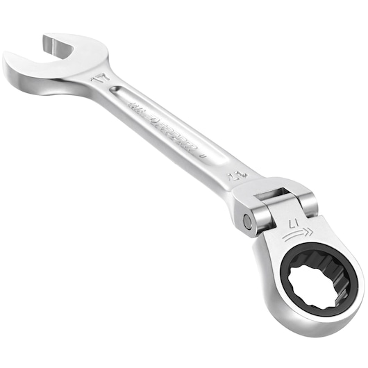 Facom 467BF_8 silver ratcheting combination spanner with flex head on white background, angled view.