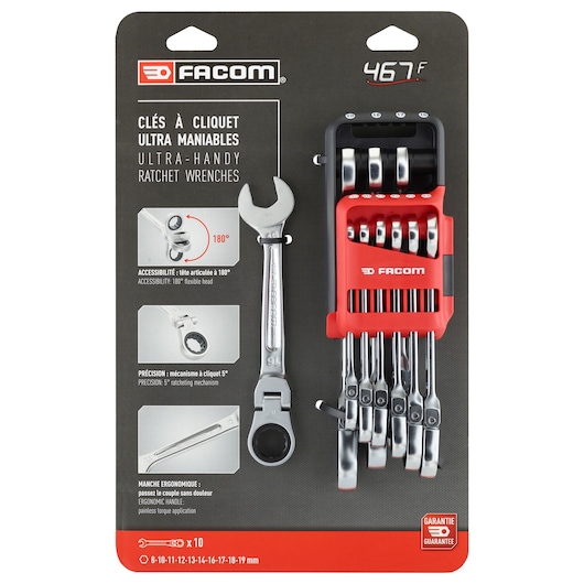Photo of Facom 467BF.JP10PB ratchet wrenches set, ten pieces in red holder, front packaging view.