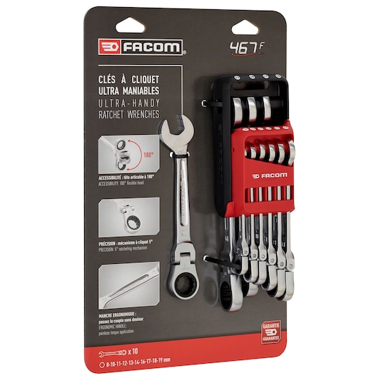 Photo of Facom ratchet wrench set 467BF.JP10PB, 10-piece metric, in red and black holder, front angle on white background.