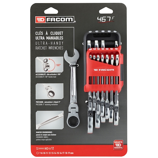 Facom 467BF.JP12PB set of 12 ultra-handy ratchet wrenches with 180° flexible heads, in red and black holder, front view.