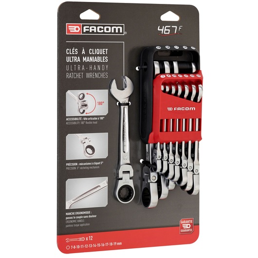Facom 12-piece ratchet wrenches set in red and black holder, retail packaging, angled view, SKU 467BF.JP12PB.