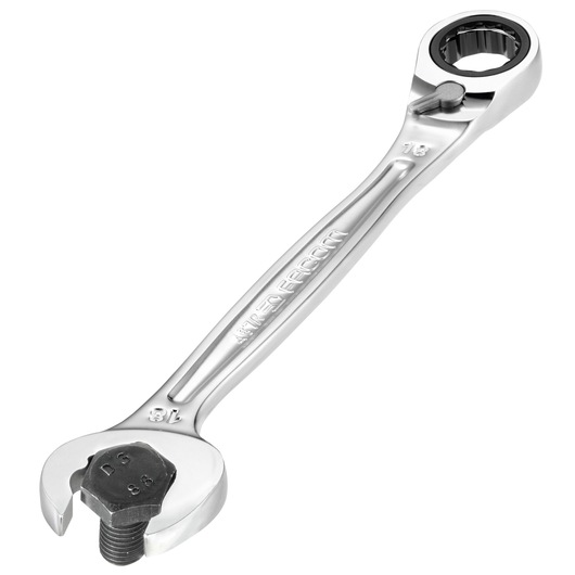 Photo of Facom ratcheting combination wrench with bolt, angled view, silver finish, 467BR12.
