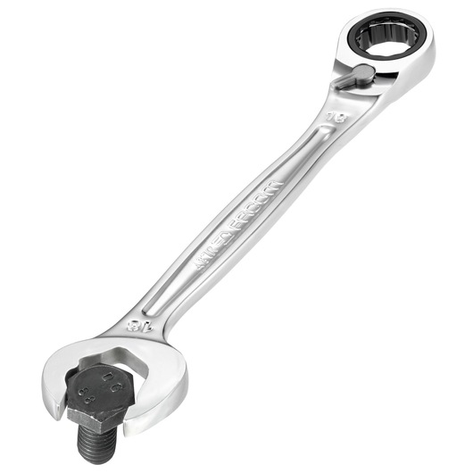 Facom 467BR12 combination ratcheting spanner, silver finish, angled view on white background.